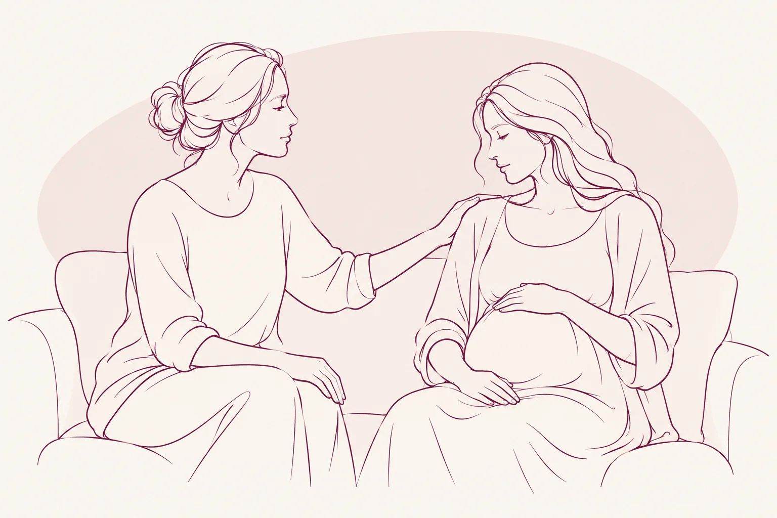 Line illustration of a woman offering reassurance to an expectant mother